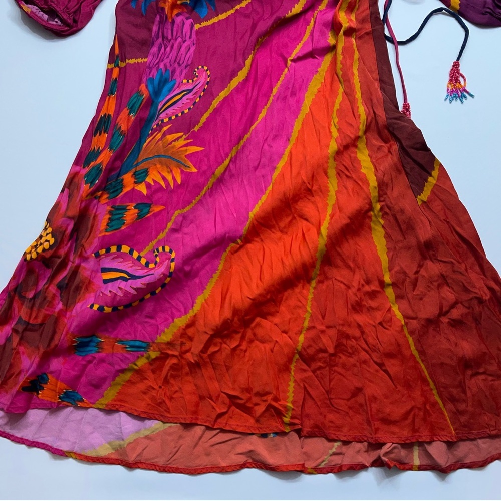 FARM Rio Floral Midi Dress Size XS Long Sleeve Vibrant Red Orange Blue Viscose - Picture 4 of 16